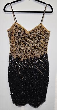 NWT Vintage A.J. Bari Womens Black & Gold Beaded/Sequence Cocktail Dress-Size 12